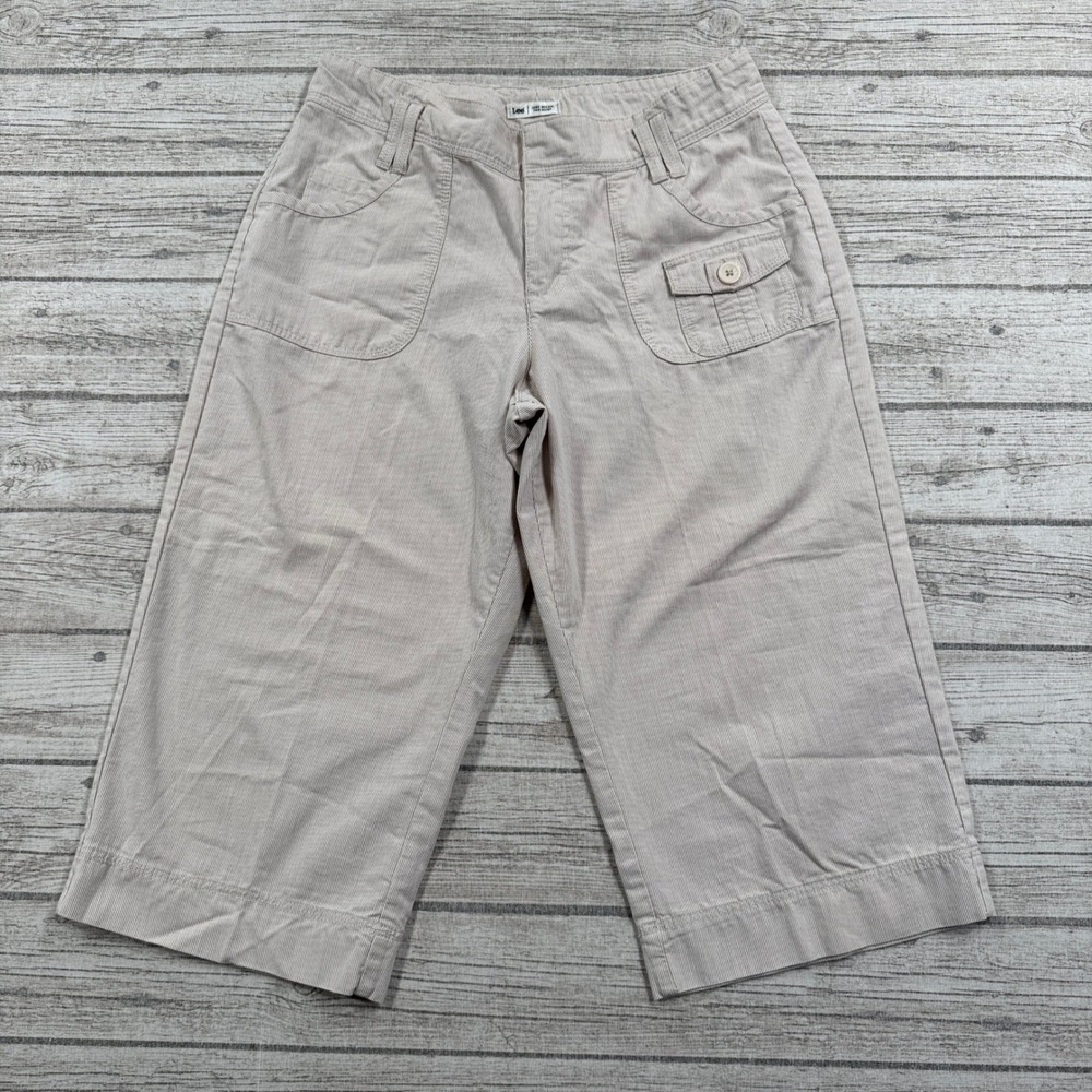 Lee Cargo Pants Women's 12 Petite Beige Pinstripe Cropped Capri Utility Trousers